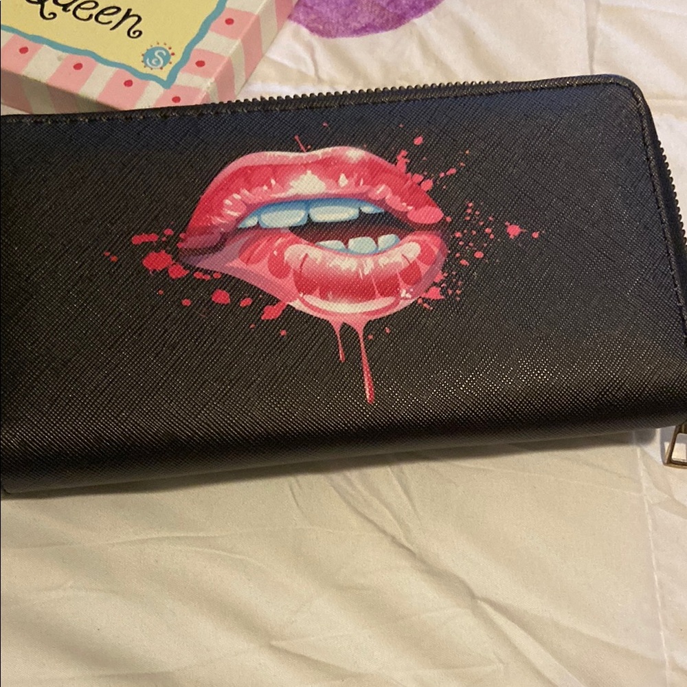Black Zip Wallet with Pink Lip Print